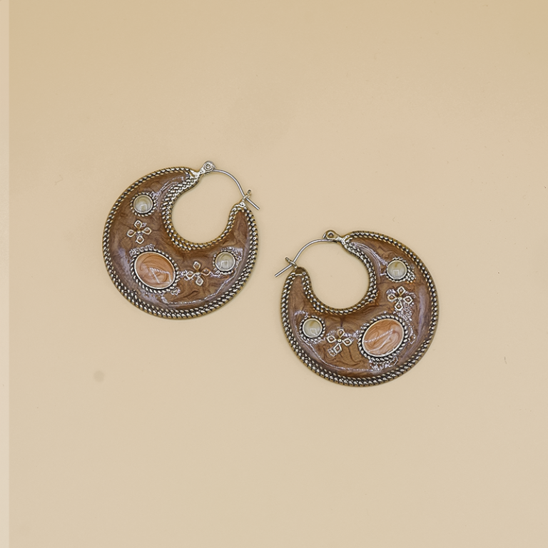 Vintage Hoop Earrings – Handcrafted hoop earrings with an intricately engraved centerpiece stone, fine beaded detailing, and a two-tone antique finish for a timeless look