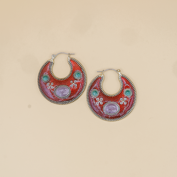 Vintage Hoop Earrings – Handcrafted hoop earrings with an intricately engraved centerpiece stone, fine beaded detailing, and a two-tone antique finish for a timeless look