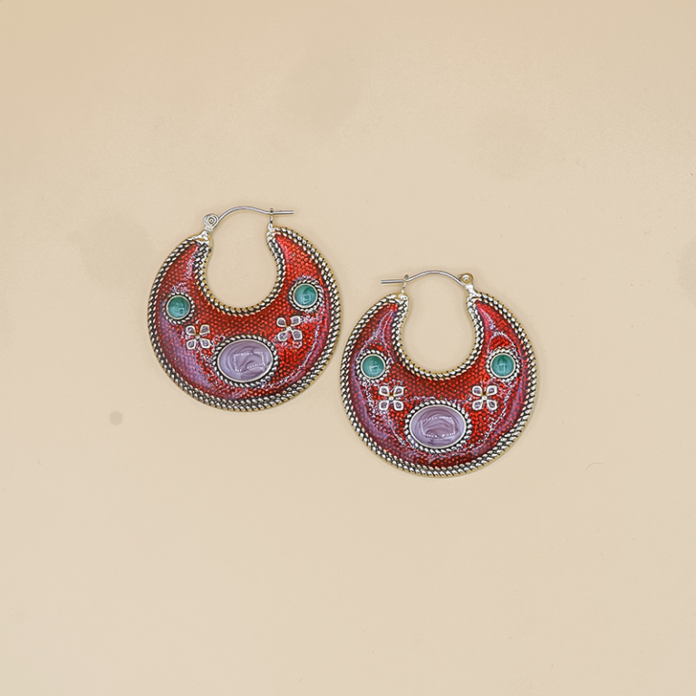 Vintage Hoop Earrings – Handcrafted hoop earrings with an intricately engraved centerpiece stone, fine beaded detailing, and a two-tone antique finish for a timeless look